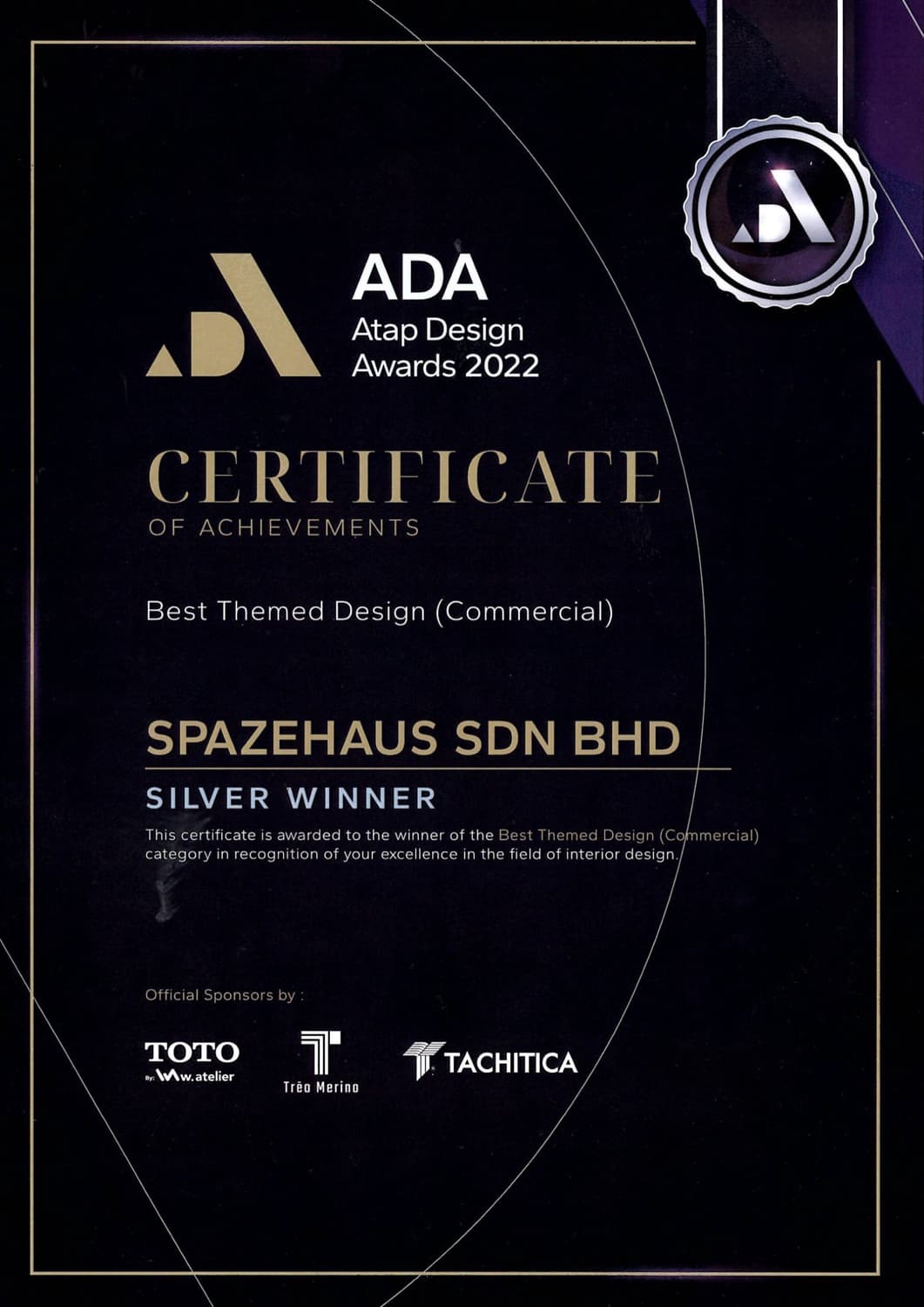 SPAZEHAUS — ATAP Design Awards 2022, Best Themed Design (Commercial) Silver Winner certificate
