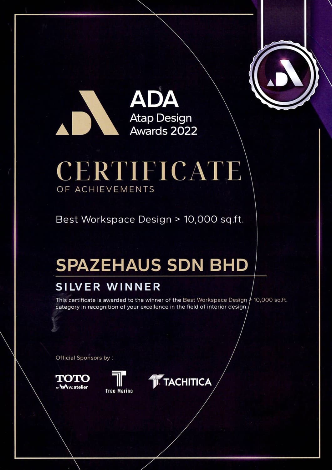 SPAZEHAUS — ATAP Design Awards 2022, Best Workspace Design Silver Winner certificate