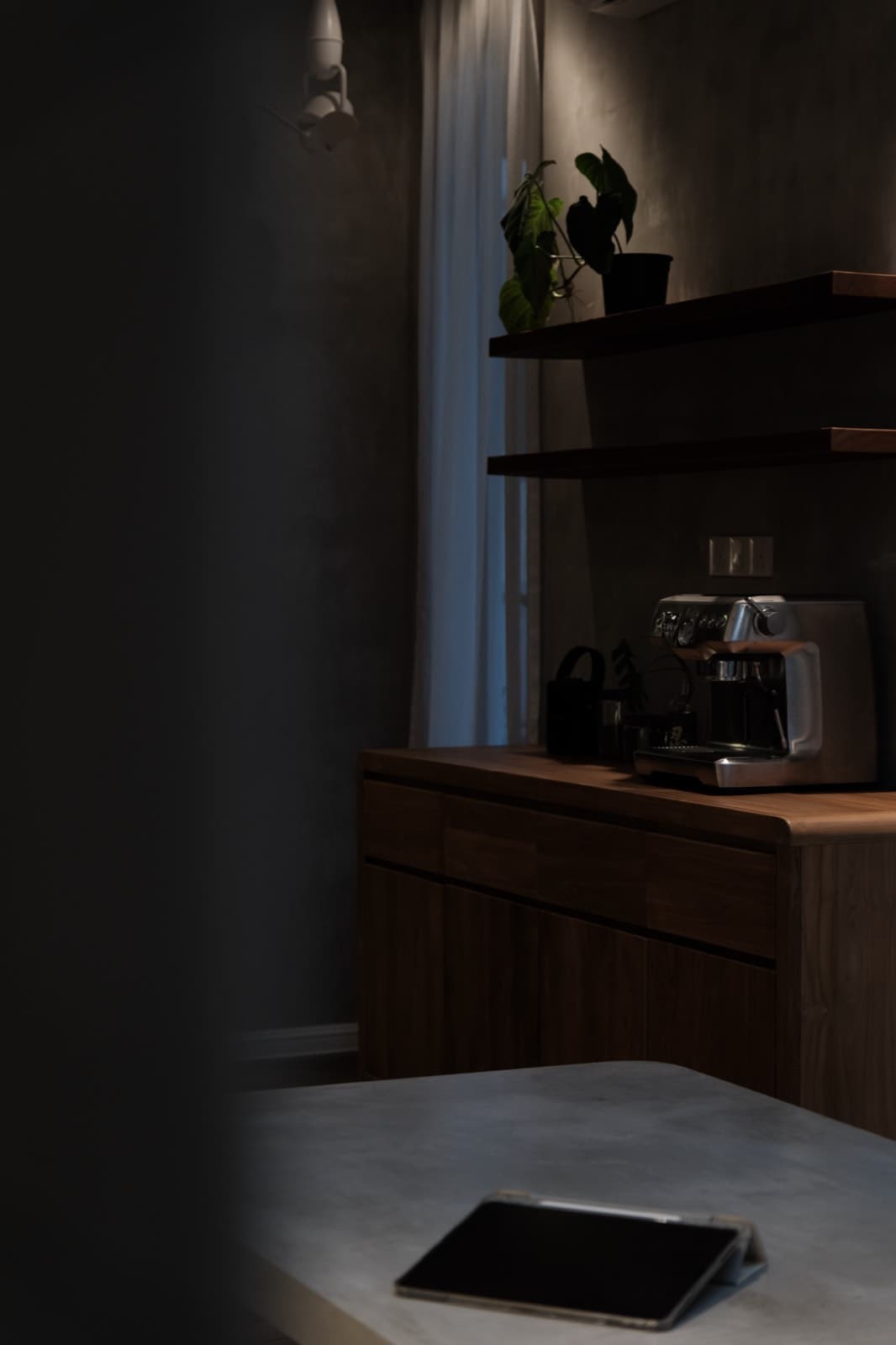 Warm walnut kitchen counter detail