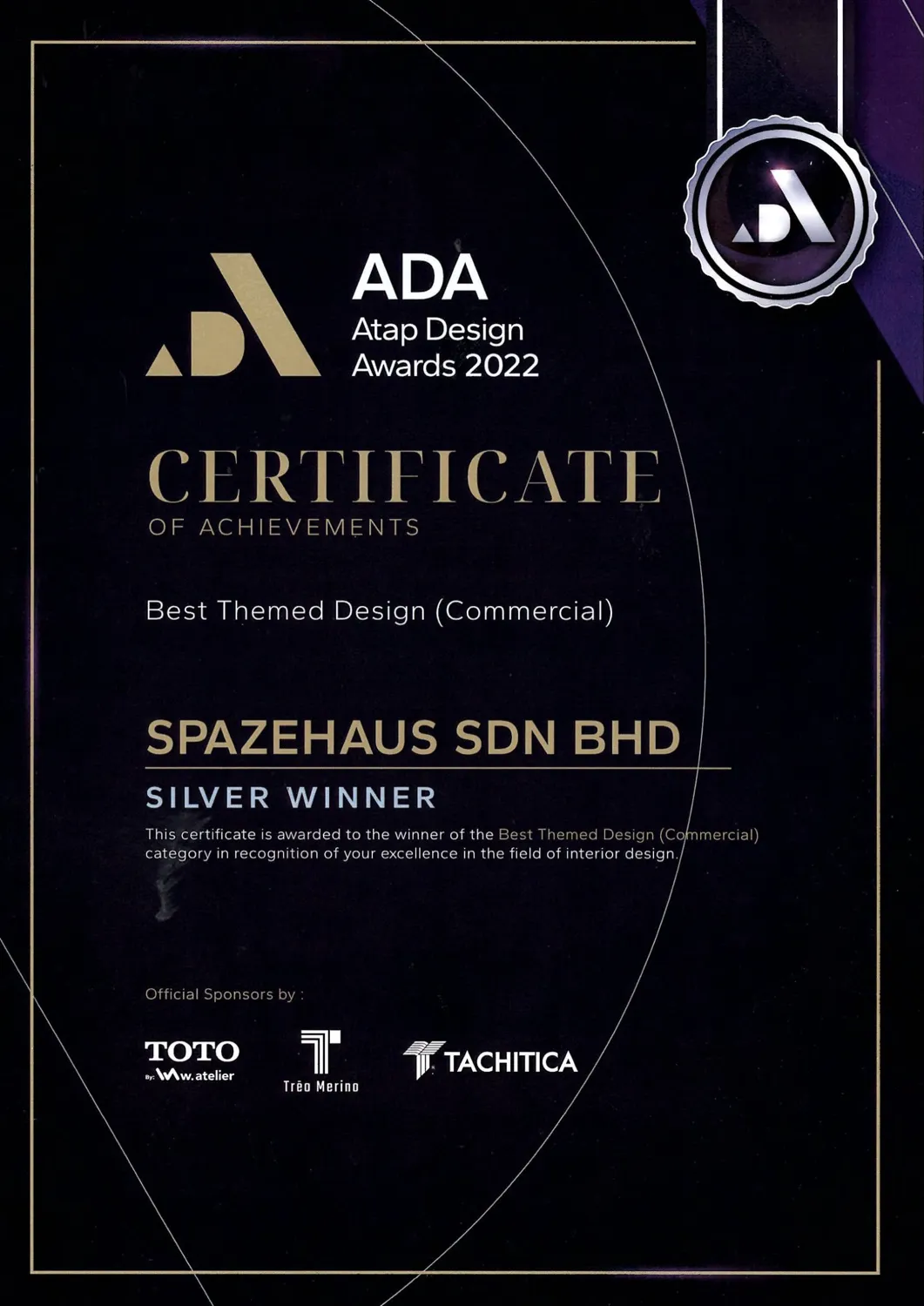 SPAZEHAUS — ATAP Design Awards 2022, Best Themed Design (Commercial) Silver Winner certificate